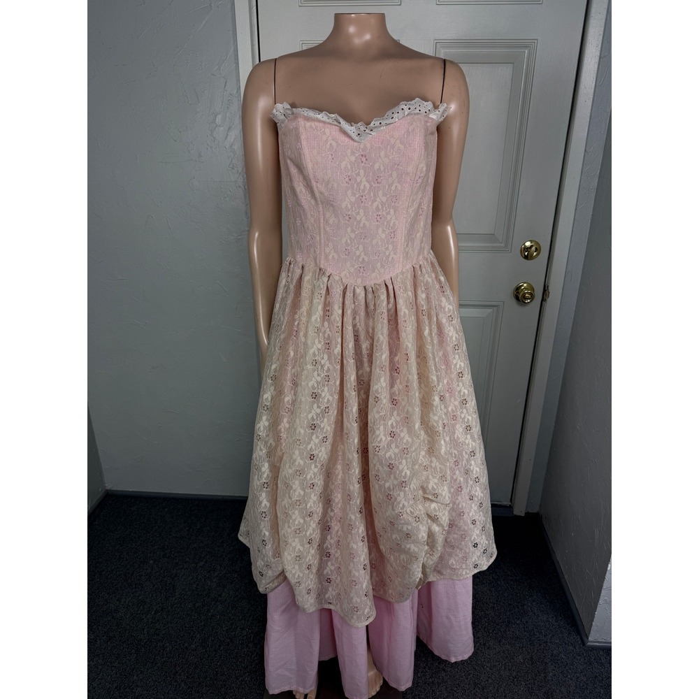 Vintage 70s Handmade Women's Dress Prairie Floral Lace Formal Party Strapless C1